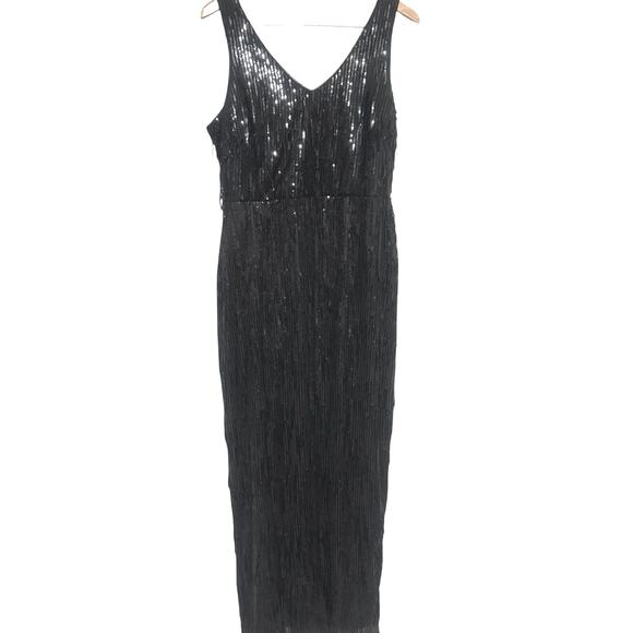 R&M Richards Black Fringe Sequined Maxi Gown w/ Slit Sz 10 Long Formal Flapper - Picture 3 of 10